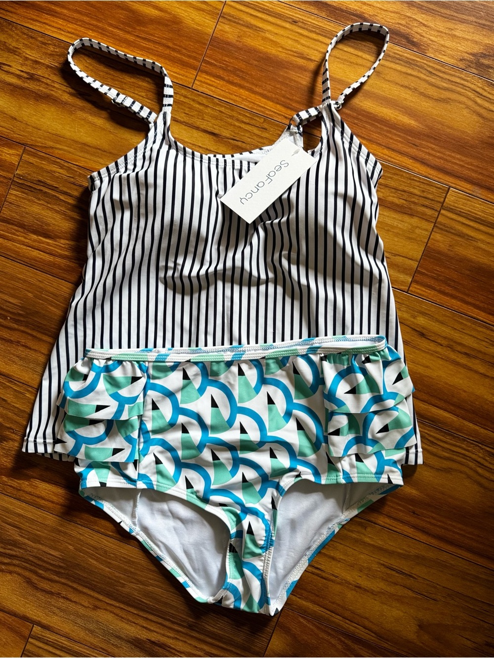 Seafolly Striped Tankini with Teal & Aqua Geometric Ruffle Bottom